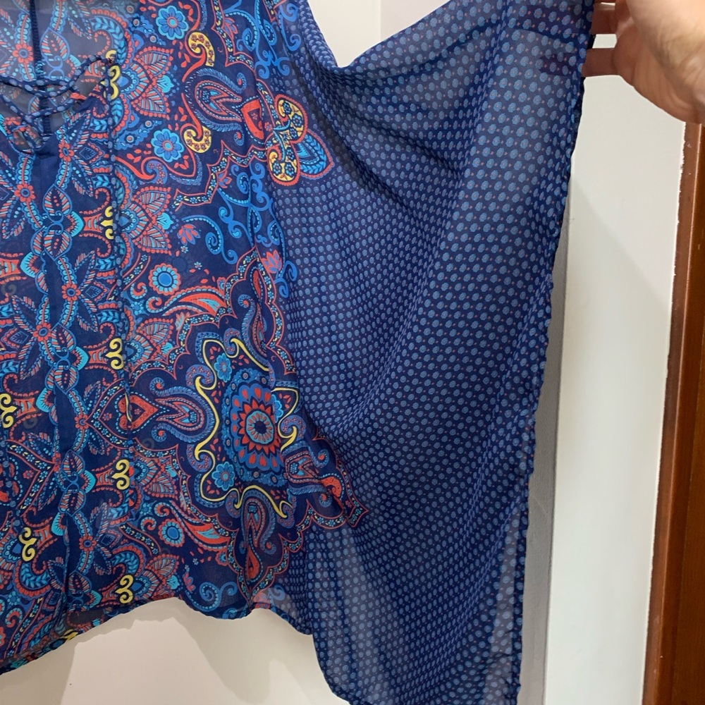 West Kei Boho Tie Front Blouse Navy Red Yellow Graphic Floral Flowy Size Large - Picture 3 of 6